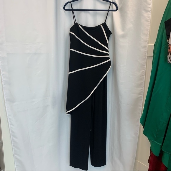 Joseph Ribkoff black draped white trim asymmetrical jumpsuit Sz 12 - Picture 5 of 13